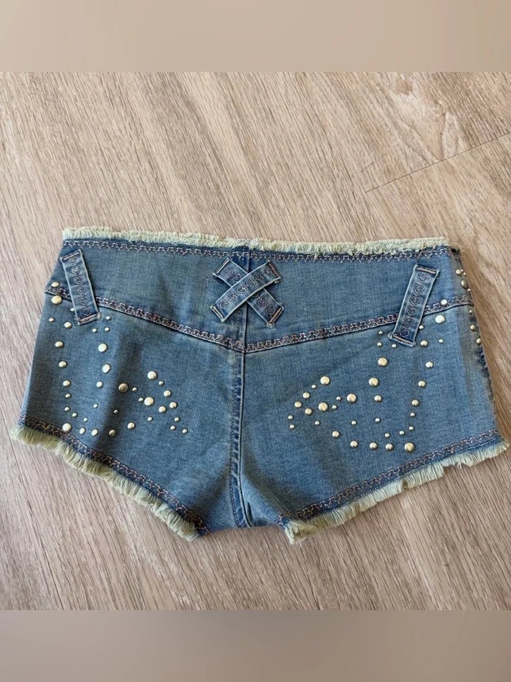 I.AM.GIA VEXA micro blue denim shorts with silver studs and frayed hem size XXS